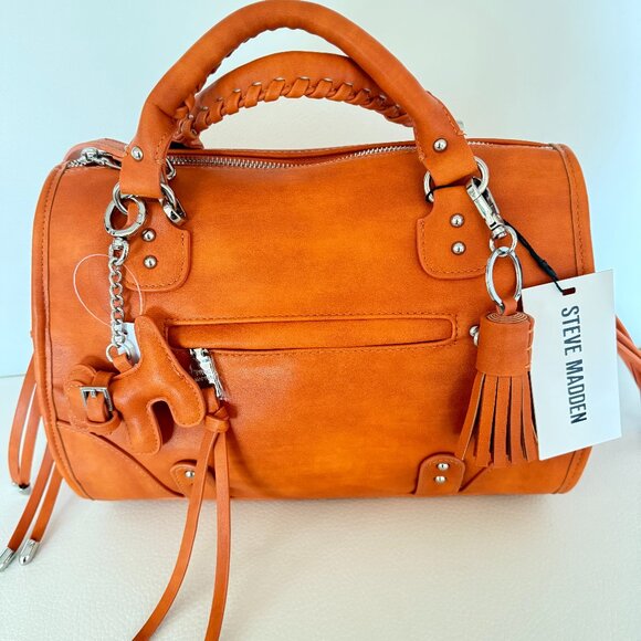 NWT STEVE MADDEN BRHENNY SATCHEL CROSSBODY BAG W DOG / TASSEL KEYRING ORANGE - Picture 1 of 7